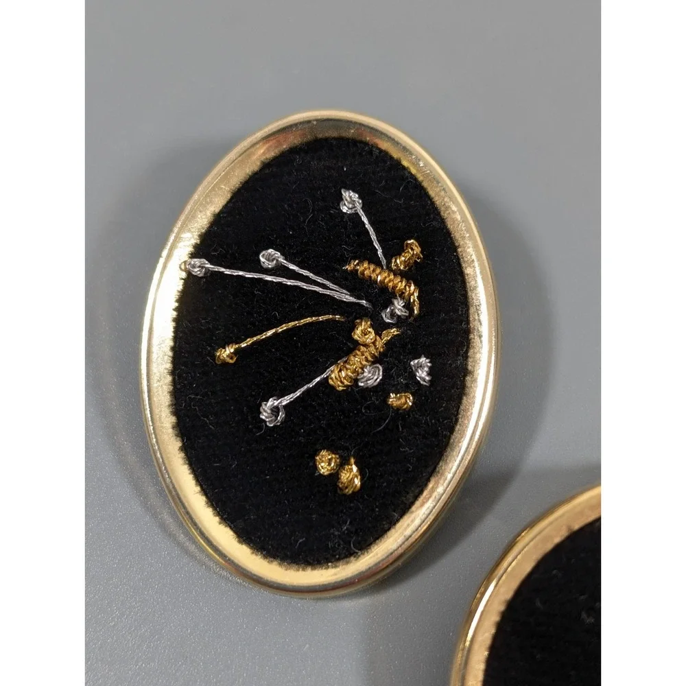 Vintage Black Velvet Embroidered Oval Brooch Set‎ Gold Tone Frame – Set of 2